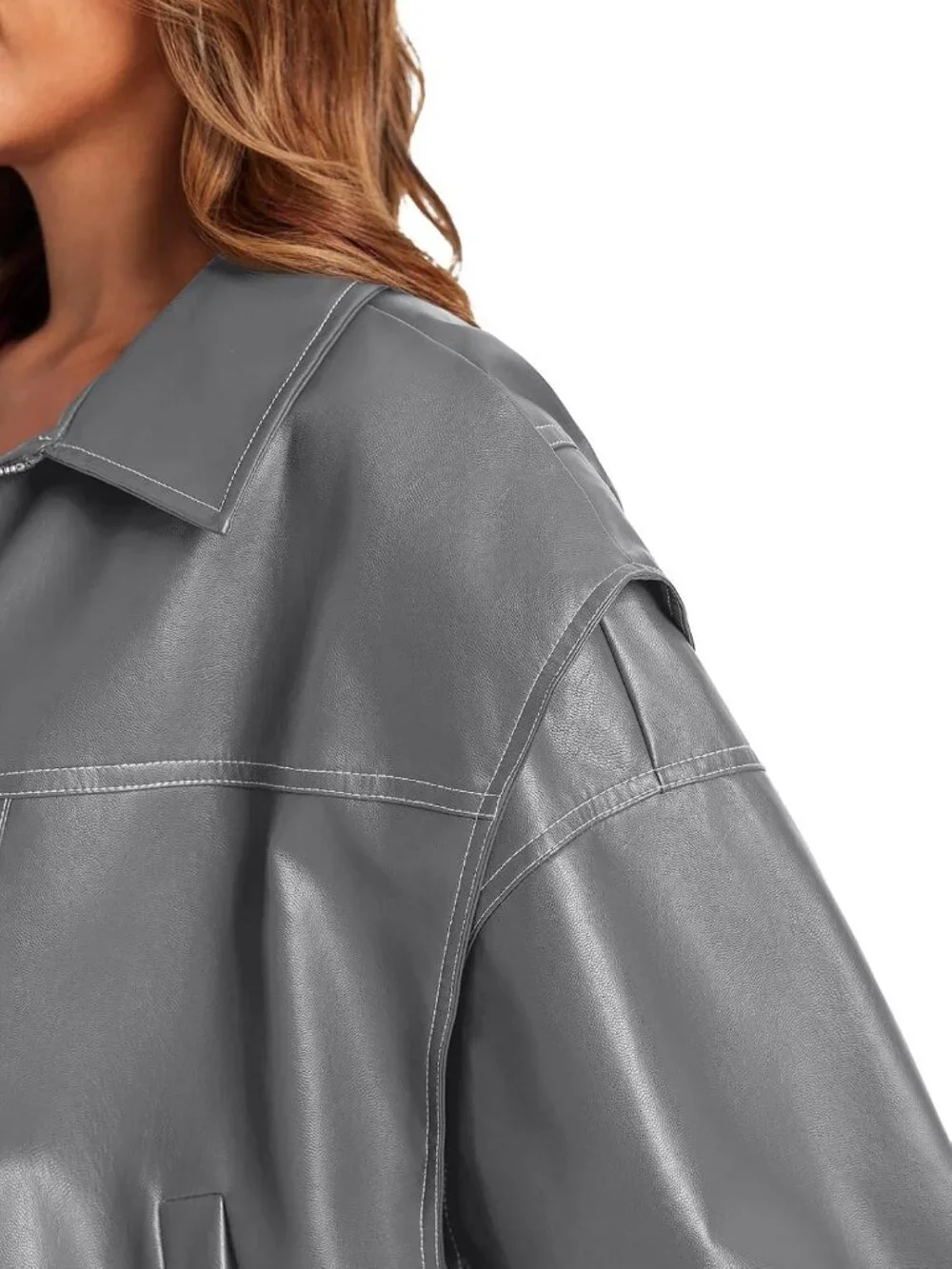 Women's Grey Oversized Faux Leather Bomber Jacket Motorcycle ZIP Up Coat